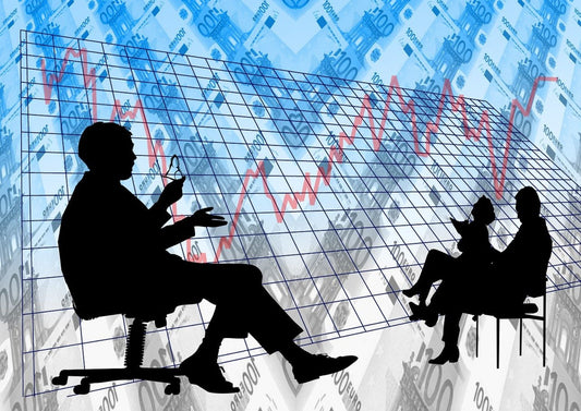 Sales expert discussing outreach strategy about ICP, channels, and messages; black outlined bodies overlaying a revenue chart.