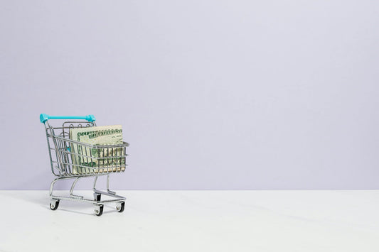 Tiny shopping cart with money in it.