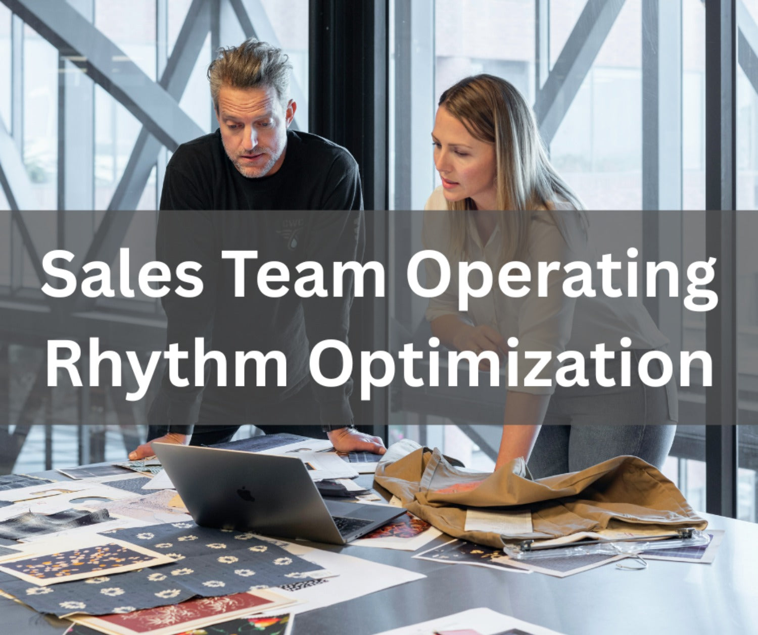 Two individuals, presumably part of a sales team, are engaged in a meeting with a laptop and documents spread out on a table. The text 'Sales Team Operating Rhythm Optimization' overlies the image, indicating the nature of the service being offered.