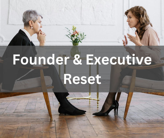 CEO expressing her growth needs to a licensed counselor; text overlay saying "Founder & Executive Reset"