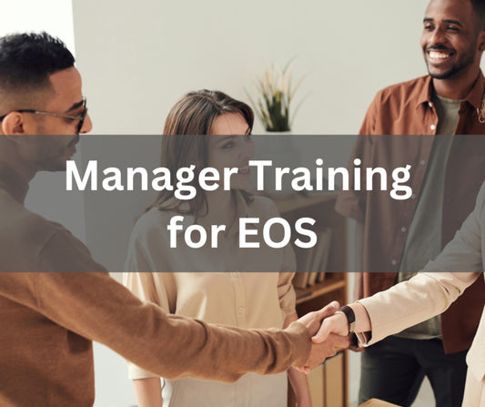 Group of people shaking hands with text overlay 'Manager Training for EOS' in a professional setting.